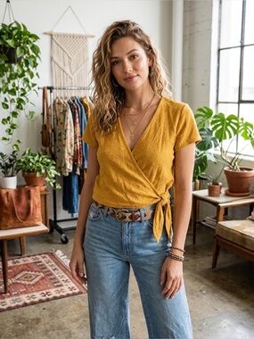 Madewell Texture Thread Yellow Mustard Cotton Wrap Top Side Tie L Flaws